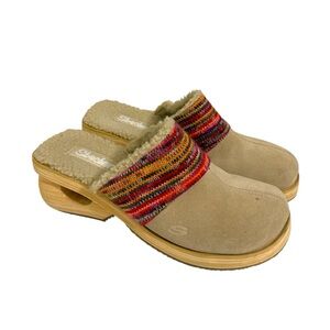 Vintage Y2K Skechers Size 8 Beige Suede Knit Shearling Wooden Clog Mules Hippie